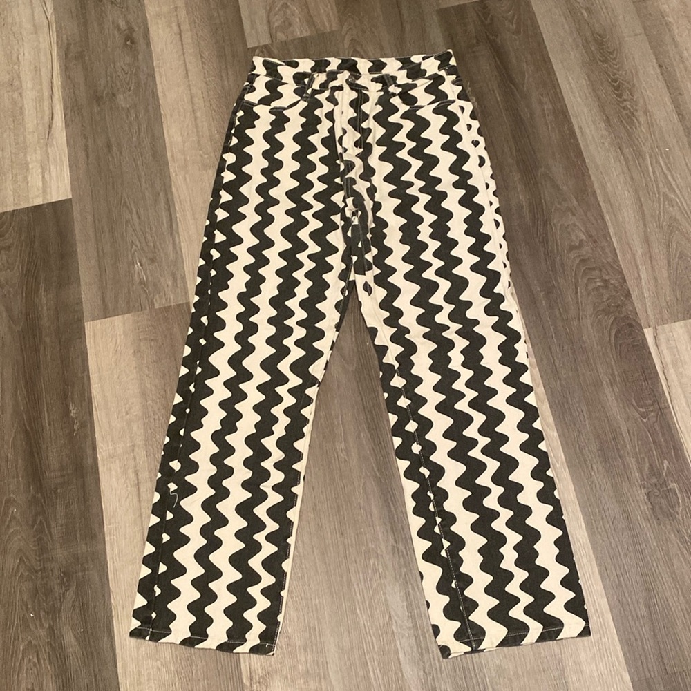 Black and white striped denim jeans
